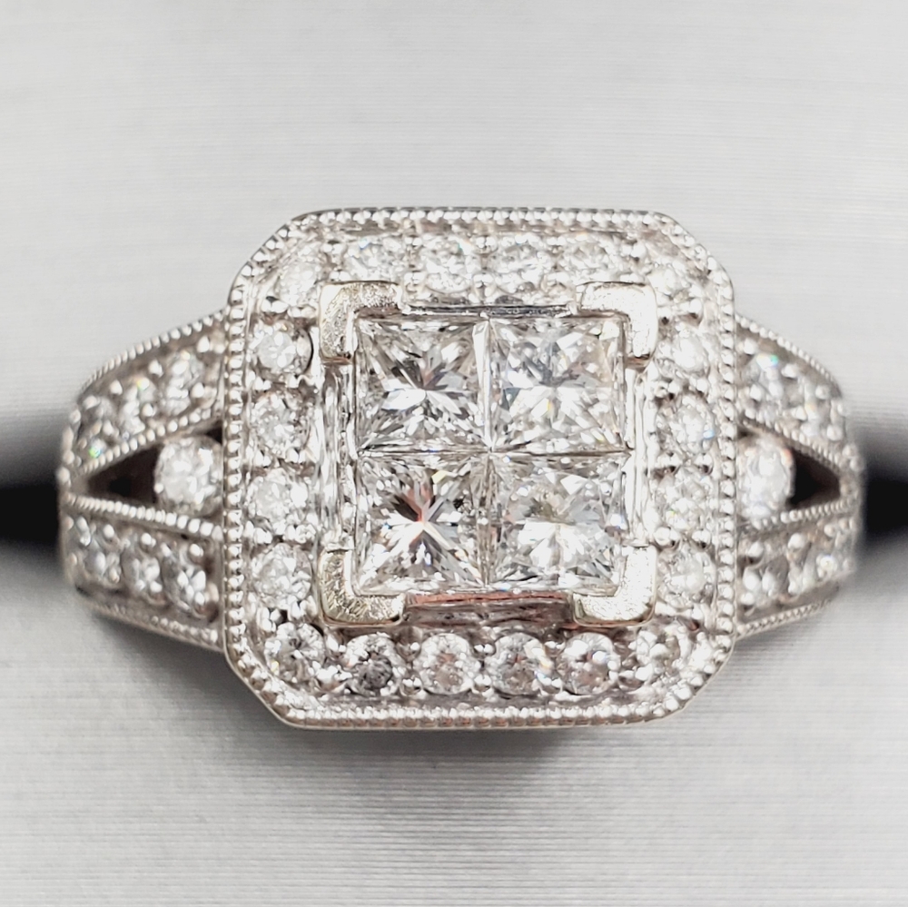 14k Solid White Gold Genuine Princess & Round Diamond Cluster Statement Ring
